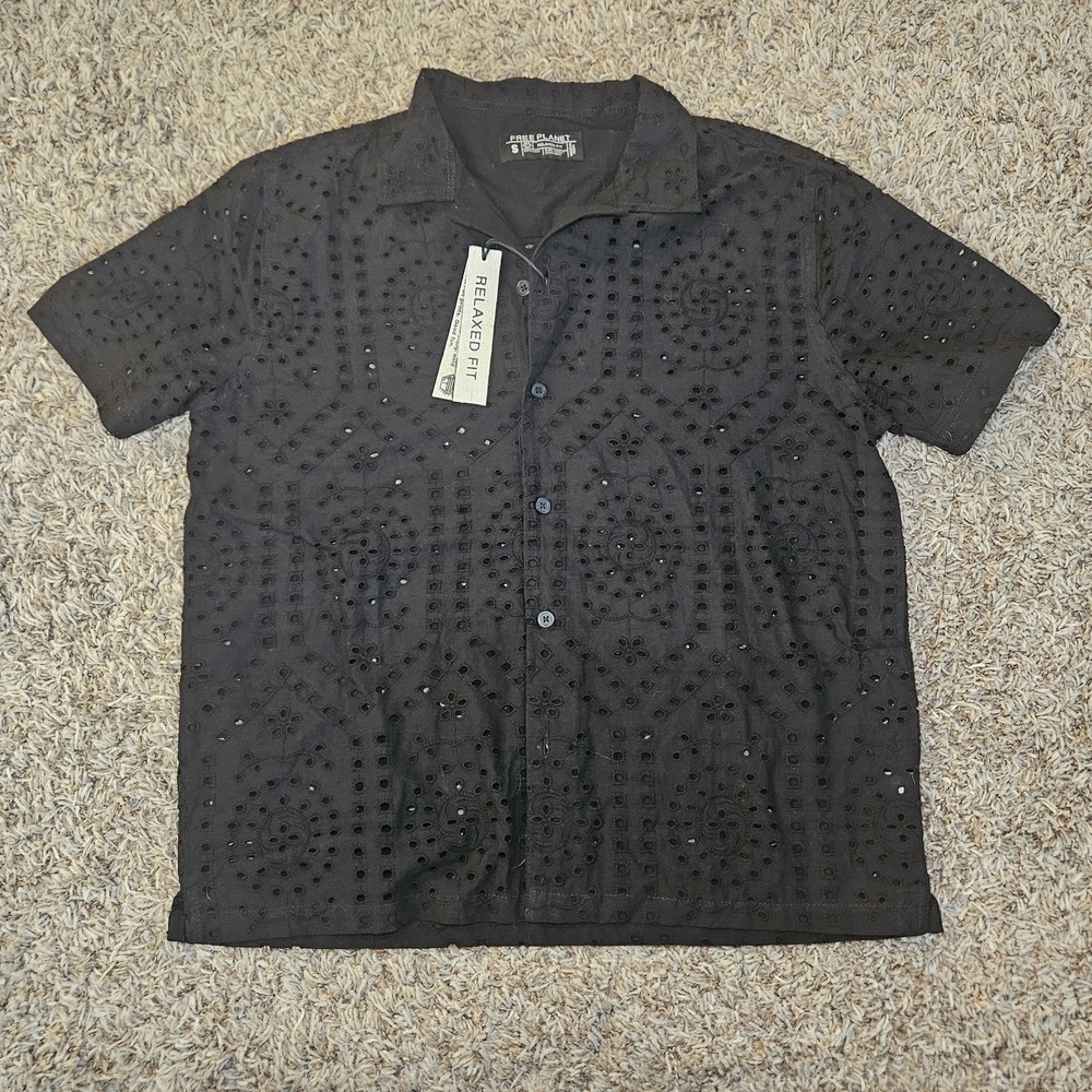 Free Planet Button Down Shirt Black Eyelet Men's Size Small NWT